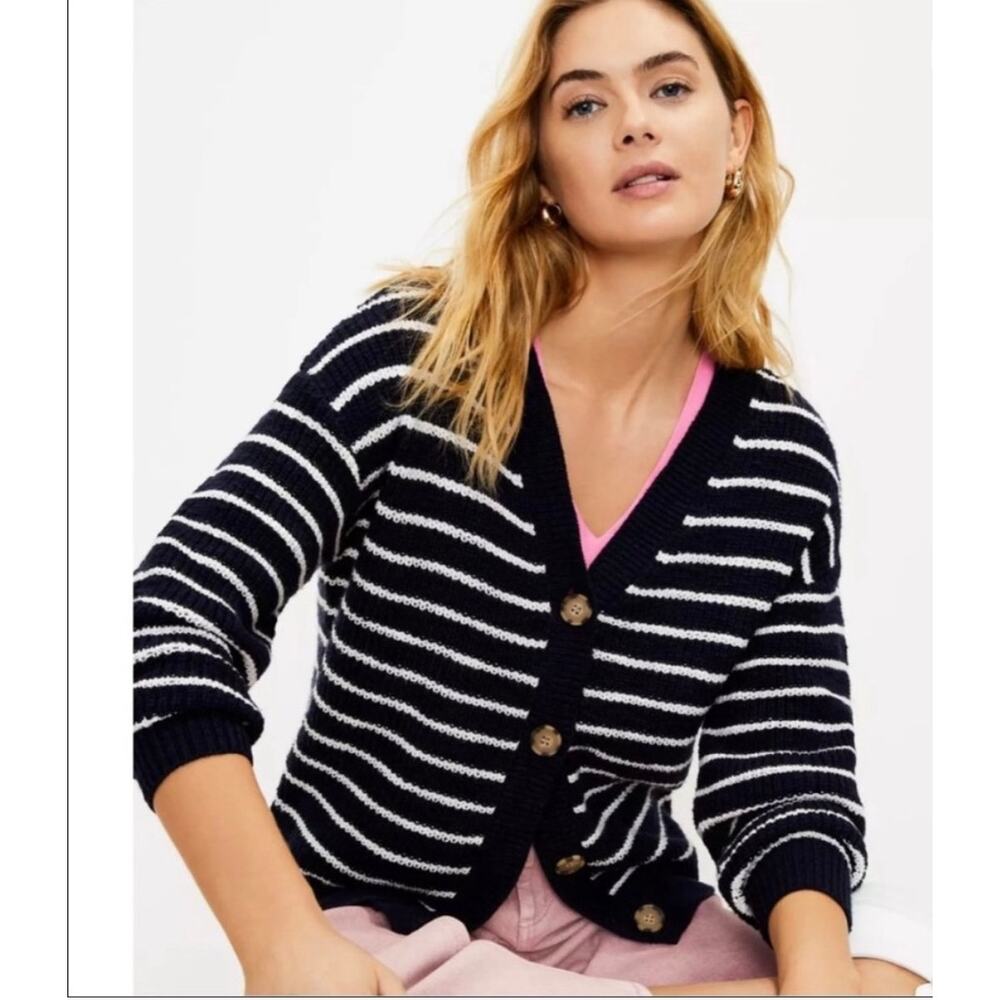 LOFT Oversized Navy & White Stripe Striped
Cardigan Sweater - Picture 1 of 5